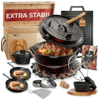 GUSSKÖNIG Dutch Oven Set 9-teilig – bereits eingebranntes Gusseisen Topf Set – Bratpfanne, Grilltopf, Deckelheber, Untersetzer & Echtleder-Griffschutz + Rezeptbuch & Pflegepaste – 30 Jahre Garantie