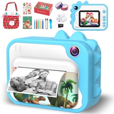 Ushining Sofortbildkamera für Kinder, Kinderkamera 10X Zoom 2,4 Zoll Bildschirm 1080P Digitalkamera Videokamera Kinder mit 32GB TF Karte 3 Rollen Druckpapier 5 Farbstift, Geschenk-Version (Blau)
