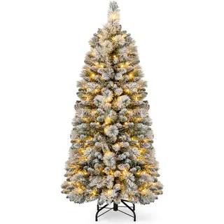 COSTWAY 150 cm Künstlicher Weihnachtsbaum mit Beleuchtung, Pop Up Tannenbaum mit 130 warmweiße LED-Lichtern & 378 Zweigspitzen, beflockter Christbaum - Grün