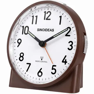 SINOIDEAS Funkwecker Analog mit Nachtlicht & Schlummerfunktion (Brown) | großes leserliches Zifferblatt, für Nachttisch & Büro. Funkautomatik, präzise, lautlos ohne Ticken.