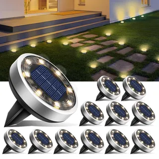 btfarm 12 Stück Solar Bodenleuchten Aussen, 8 LED Gartenbeleuchtung Solar IP65 Wasserdicht Boden Solarleuchten, Solarlampen für Außen Garten Rasen Auffahrt Gehweg Patio, Warmes Weiß