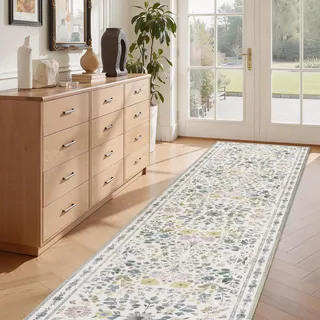 Homcomodar Beige Teppich Läufer Flur 80x300cm Läufer Küche Vintage Boho Teppich Waschbar Küchenläufer rutschfest Küchenteppich Blumen Kurzflor Teppichläufer für Flur Küchen Eingang Schlafzimmer