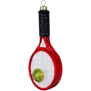 Holly & Jolly - Weihnachtskugel Tennisschläger, ca. 13,5 cm | Christbaumkugel aus Glas, handbemalt, Weihnachtsbaumschmuck in Rot und Weiß, beglittert, Weihnachtsdeko für Innen