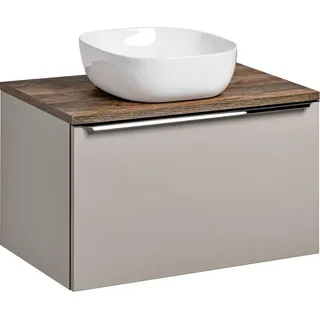 Waschtisch-Unterschrank Set 80cm in taupe mit Vintage Eiche PUEBLA-56-TAUPE Keramikbecken, 2 Softclose-Schubkästen, B/H/T 80,4/62,5/46 cm - Beige