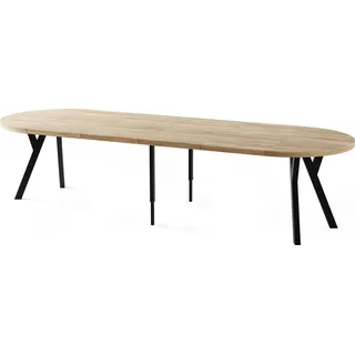 Esstisch Rund Groß XXL Ausziehbar im Loft-Stil – 100 bis 300 cm – Extra Lang Ausziehtisch mit Schwarzen Holzbeinen, Industrieller Tisch für 5-16 Personen – Esszimmertisch – Eiche Hell Braun - Braun