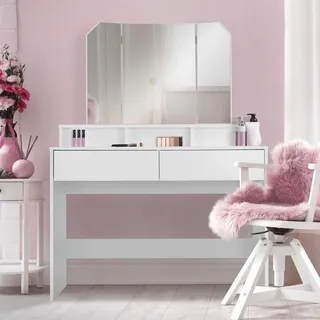 ML-Design Schminktisch, Frisiertisch mit 3-tlg. Klappspiegel und 2 Schubladen, 100 x 40 x 140 cm, Weiß, modern, Kosmetiktisch mit 3 offenen Fächern, Frisierkommode Schminkkommode Kommode Make-Up Tisch