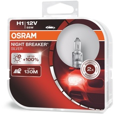 Osram Night Breaker Silver H1, +100% mehr Helligkeit, Halogen-Scheinwerferlampe, 64150NBS-HCB, 12V Pkw, Duo Box (2 Lampen)