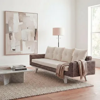 Sofa HWC-M32, 4-Sitzer Couch Rattansofa Loungesofa mit Kissen, 209cm Kubu Rattan natur Stoff/Textil Polster creme - Braun