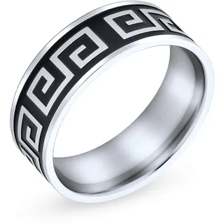 Bling Jewelry Geometrisches Antikes Fret Griechisches Schlüsselmuster Flacher Ehering Für Männer Frauen Schwarz Silber Zweifarbig Edelstahl 8MM
