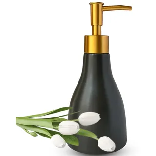 280 ml Flüssigseifenspender für Badezimmer mit goldfarbener Pumpe, Spülseifenspender für Küchenspüle, Keramik, schwarzer Handseifenspender für Dusche (kegelförmige Schwarze Flasche)