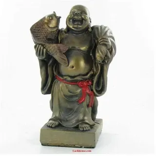 Lachineuse - Fish & Abundance Lachender Buddha-Statue - 12,5 cm bronzefarben - Feng-Shui-Dekoration - Chinesisches Zen-Dekorationsobjekt für den Innenbereich - Geschenkidee China Asien