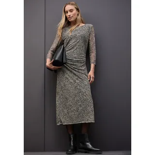 Meshkleid STREET ONE, Damen, Gr. 46, N-Gr, beige (sanded beige), Web, Obermaterial: 95% Polyester, 5% Elasthan. Futter: 100% Viskose, figurumspielend kniebedeckend, U-Boot-Ausschnitt, Kleider Meshkleid, mit Leo-Muster, seitliche Raffungen