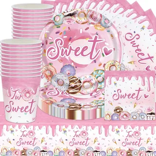 Shamoparty Donut party cutlery set, 61Stk dessert party decoration, cartoon themed cutlery including plates, cups, tissues, tablecloths, children's birthday decorations, baby showers