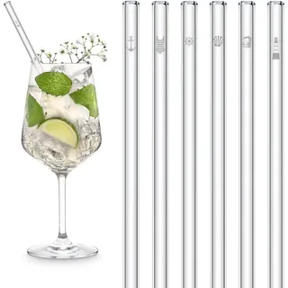 HALM Ostsee Motive Edition | 6 Stück gerade 20 cm mit Gravur | Urlaub Meer Strand Leuchtturm Muschel Mini Deko Geschenk | Wiederverwendbare Glas-Trinkhalme graviert - Glasstrohalme