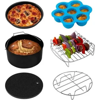 Luftfrittierzubehör-Set für alle Marken - 6 Stück, inkl. Kuchenform, Pizza-Backblech, Metallhalter, multifunktionaler Schüttlauch mit Spießen, Silikonmat und Eierbissform