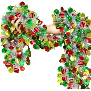 LATERN 10M Silber Weihnachts Lametta Girlande mit Rot Grün Gold Kugeln, Dicke Metallic Girlande Klobiges Glitzerndes Lametta für Christmas Baum Winter Hochzeit Geburtstag Feiertage Party Dekoration