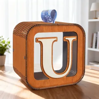 ARTREE Spardose Personalisierte für Kinder, A-Z Alphabet Sparbüchse Holz Spardose, Dekoration Kreative groß Sparschwein als Geschenke für Junge, Mädchen, Erwachsene, Geburtstag (U)