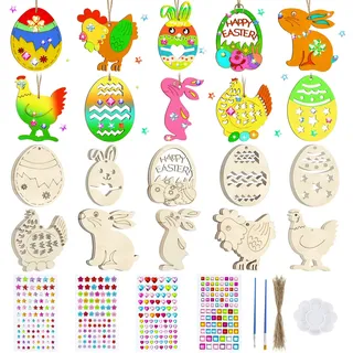 Yotako Ostern Basteln, 415 Stück Holzanhänger Ostern zum Bemalen, Bastelset Ostern mit Pinsel Zeichenplatte, DIY Ostern Deko Ostereier Hase Küken für Ostergeschenke for Adults Men Women