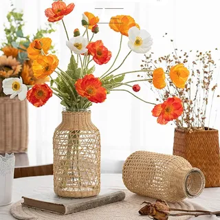 Tiamu Glasvase Blumenvase aus Rattan, Boho Blumenvase für Pampasgras Tulpen Rose, Groß Pot de Fleurs in Landhausstil, Boho Vase für Blumenarrangements DIY Hochzeitsdekoration