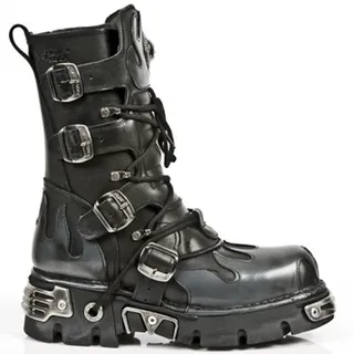 New Rock Shoes - Classic New Rock Combat Boots with Silver Flame Design UK