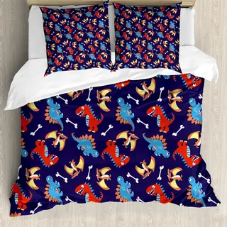 ABAKUHAUS Dinosaurier Bettbezug Set, Drei verschiedene Cartoon Dinosaurier lustige Ausdrücke und Knochen Kinder Theme, 155 x 220 cm + 80 x 80 cm, Orange Blau Rot