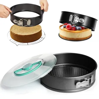 Springform 26 cm Rund mit Deckel, Ø 26 cm Runde Backform Antihaft Kuchenform mit Abnehmbar Flachboden, Tragbarer Tortenform Kuchenbackform mit Antihaftbeschichtung für Käsekuchen Biskuit & Dessert