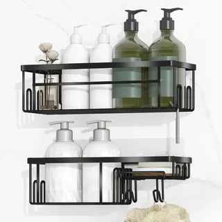 alyvisun 2 Stück Duschablage Großer Kapazität mit Starke Haftung und Tragfähigkeit, Edelstahl Badregal ohne Bohren mit Seifenschale und Haken, Rostfreie Shampoo Halterung für Dusche