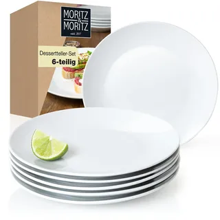 Moritz & Moritz BASIC Dessertteller Set 6 Personen modern - Ø 20,5 cm - Hochwertiges Porzellan Geschirr Set weiß - Flache Teller 6er Set perfekt als Kuchenteller, Dessertteller und Frühstücksteller