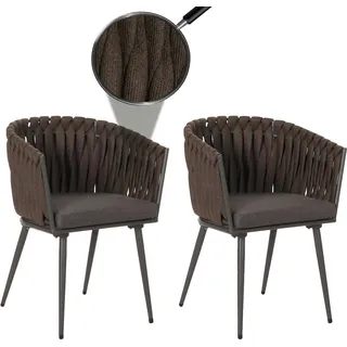 2er-Set Aluminium-Gartenstuhl HWC-N38, Outdoor Stuhl Armlehne, Olefin Seilgeflecht Rope  braun Kissen dunkelgrau - Braun