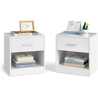 VASAGLE Nachttisch, 2er Set, Beistelltisch, mit Schublade, Griff, offenes Fach, Couchtisch, für Schlafzimmer, Wohnzimmer, klassikweiß LET819T14