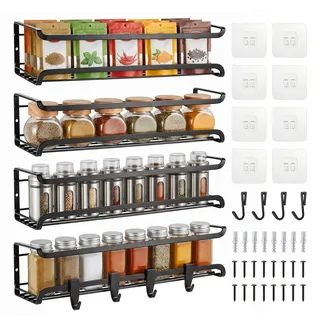 VINATO 4er Gewürzregal Wand Ohne Bohren,Schwarz Hängend Spice Rack, Metall Gewürzstände für Küche, Pantry, Bad