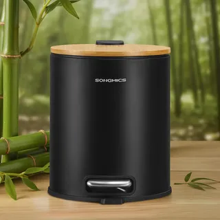 SONGMICS Kosmetikeimer, Mülleimer Bad, mit Deckel aus Bambus, Tretmülleimer mit Metallpedal, Inneneimer herausnehmbar, Softclose, für Badezimmer, 6 Liter, tintenschwarz LTB116BZ01