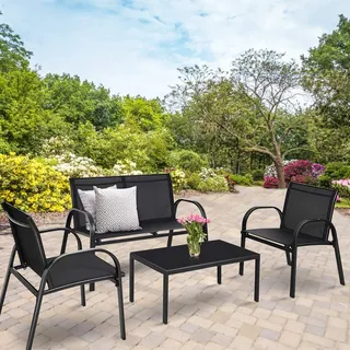 COSTWAY 4 tlg. Terrassenmöbel Lounge- Balkon- & Garten-Set inkl. 2 Einzelstühlen 1 Bank & 1 Couchtisch Textilene Sitzgruppe Sitzgarnitur Schwarz - Schwarz