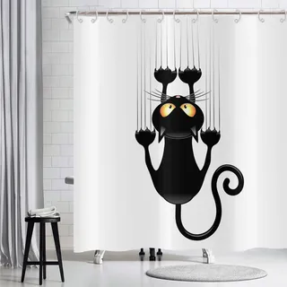 Hnmdmyi Duschvorhang Lustige Katze 240x180, Schwarzes Kätzchen Kratzt an der Wand Badewanne Vorhang Kinder Niedliche Cartoon Tier Schwarz und Weiß Minimalismus Kunst Wasserdicht Stoff Badevorhang