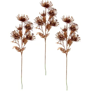 Flair Flower Künstlicher Mini Distelzweig Gold Metallic 3er Set Kunstzweig Deko Pflanze Edeldistel Zweig Einzelblume Winterblume Plastikblumen Kunstpflanze AST, Bronze, 75x14x10 cm, 021136BRO