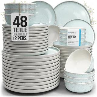 Steingut Geschirrset 12 Personen Ibiza 48 tlg. TESTSIEGER, Traumhaftes Mediterranes Steingut Geschirr Set, Schüssel- und Teller Set, Tafelservice 12 Personen, Geschirrsets Pure Living in Blau-Beige