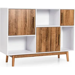 KOMFOTTEU Sideboard Holz, Buffetschrank mit 6 Fächern, Aufbewahrungsschrank mit Metallgriffen & Kippsicherung, Beistellschrank 95×31×76 cm, Kommode für Wohnzimmer, Küche (Weiß + Braun) - Braun