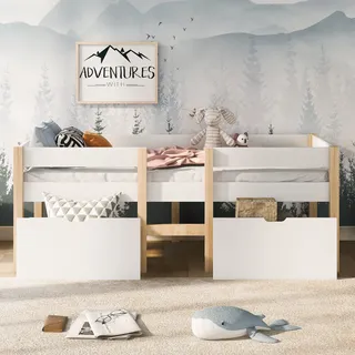 FAVSH Jugendbett 90x200 cm aus Massivem Kiefernholz, Jugendbett mit Leiter/Schublade und Rausfallschutz, stabiles Hochbett für Jungen und Mädchen, Eiche/Weiß