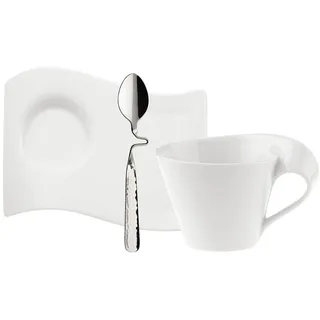 Villeroy & Boch Cappuccinotasse »New Wave Cafè«, (Set, 3 tlg., Cappuccino-Obertasse 0,25l, Kaffeeuntertasse 22x17cm, 1 Kaffeelöffel), Made in Germany, Fine China Porzellan, weiß