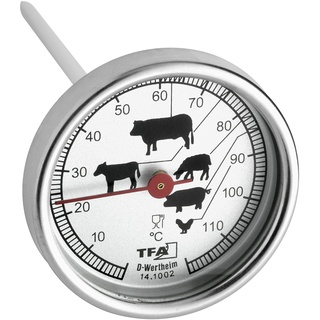 TFA Dostmann Analoges Bratenthermometer, 14.1002.60.90, aus Edelstahl, Fleischthermometer, Backofen/Grill, L 51 x B 51 x H 120 mm, Silber