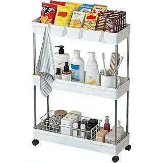 Rollwagen mit 3 Ebenen, Schmaler Trolley Küchenwagen mit Rollen & 6 Haken, Schmales Regal 13 cm für Küche, Bad, Büro, Werkstatt, Wohnzimmer, Kosmetik, Servierwagen mit Rollen, Weiß