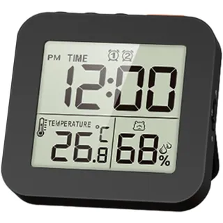Sharplace Digitale Badezimmeruhr mit Hygrometer und Thermometer, Dusch-Timer mit Alarm und Countdownfunktion, Zwei Wecker mit Schlafen-Button, Badezimmer Uhr für Küche Home Büro, Schwarz