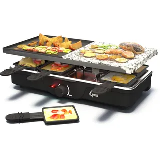 SUNTEC Raclette Grill RAC-8212 evolution – Elektro Tischgrill für 8 Personen – 8 Pfannen + 8 Spatel als Zubehör Set – Doppelseitige Grillplatte + Steinplatte – Mini Grill für den Tisch mit 1400 Watt