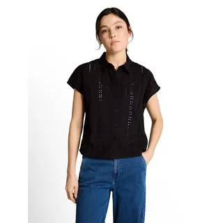 Hemdbluse TOM TAILOR DENIM, Damen, Gr. L, deep schwarz, Web, Obermaterial: 100% Baumwolle, unifarben, normal hüftbedeckend, Rundhals, Blusen Hemdbluse, Sommerbluse mit Häkel-Details