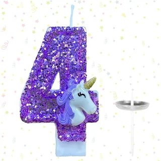 Ovanda Kerze 4 Geburtstag Mädchen, Einhorn Tortendeko Kerze 4, 3D Regenbogen Einhorn Geburtstagskerzen, Kerzen Zahlen 4 Lila, Geschenk Mädchen 4 Jahre, Einhorn Deko Kindergeburtstag 4