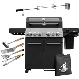 Feuergott Gasgrill Hektor 4B-S inkl. Drehspieß, Abdeckhaube - All Inclusive mit 4 Grill-Utensilien - 4 Brenner, Sear-Brenner, Gusseisenroste, Heckbrenner, Seitenkocher für Garten und Terrasse