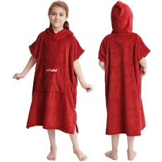 Hiturbo Kinder Wickelmantel, Handtuch Poncho Bademantel Robe mit Kapuze, für Strand, Schwimmen, Surfen, Zu Hause, Rot