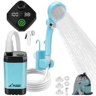 WADEO Tragbare Campingdusche Akku mit Pumpe, Camping Dusche mit wiederaufladbarem 6000-mAh-Akku und doppelter Digitalanzeige, Mobile Duschen mit Duschkopf, für Camping Reisen Garten (Blau, Typ C)