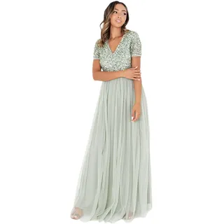 Maya Deluxe Damen Ballkleid Abendkleid V-ausschnitt Maxi Länge Pailletten Kurze Ärmel Für Hochzeit Geburtstag Brautjungfer Bridesmaid Dress, Grün, 36 EU