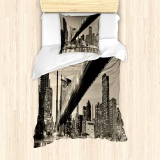 ABAKUHAUS New York Mantele, NYC Nacht Bridge View, Milbensicher Allergiker geeignet mit Kissenbezügen, 135 cm x 200 cm - 80 x 80 cm, Grau braun - Grau, Braun